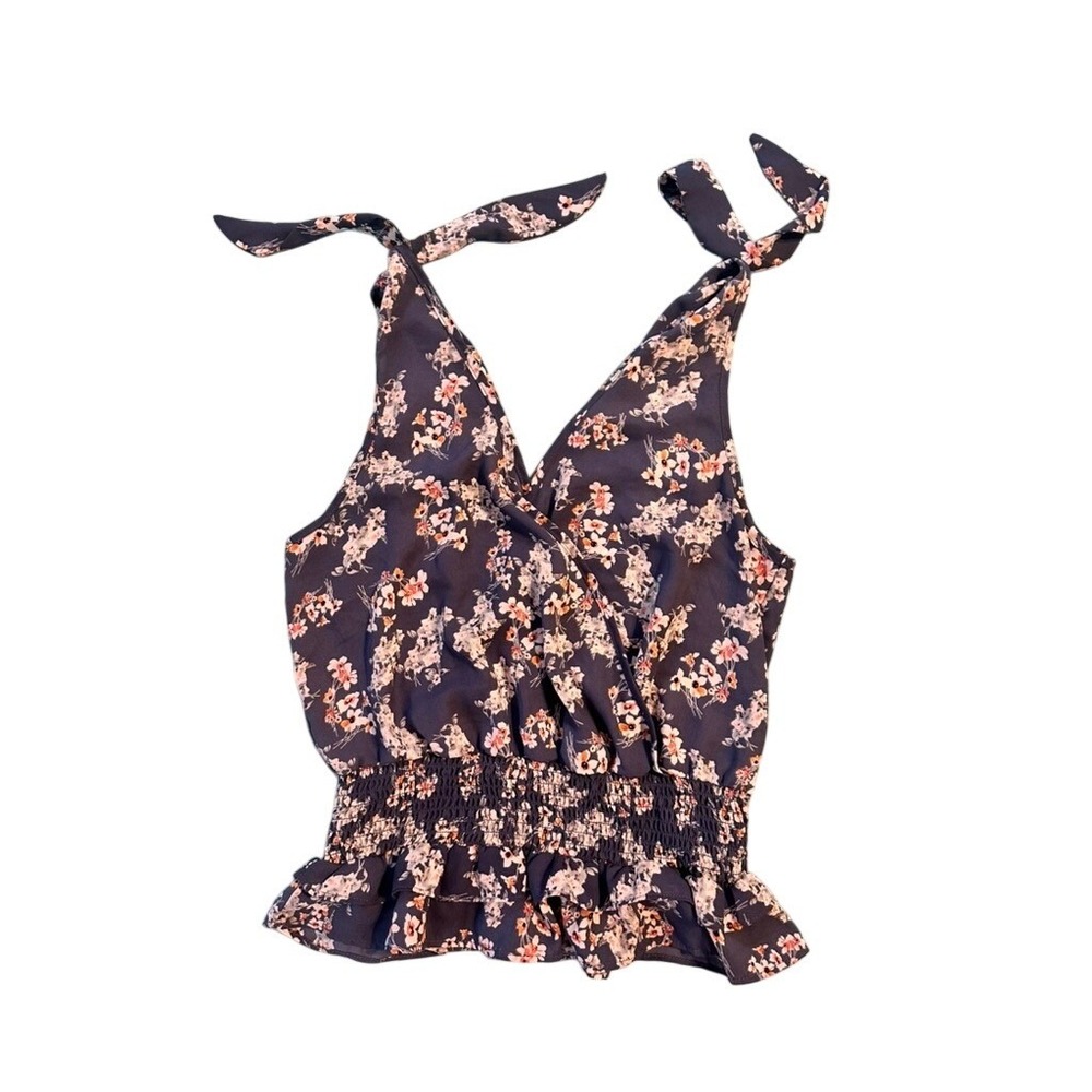 Sienna Sky Womens Blue Floral Tie Shoulder Smocked Peplum Tank Top Size M